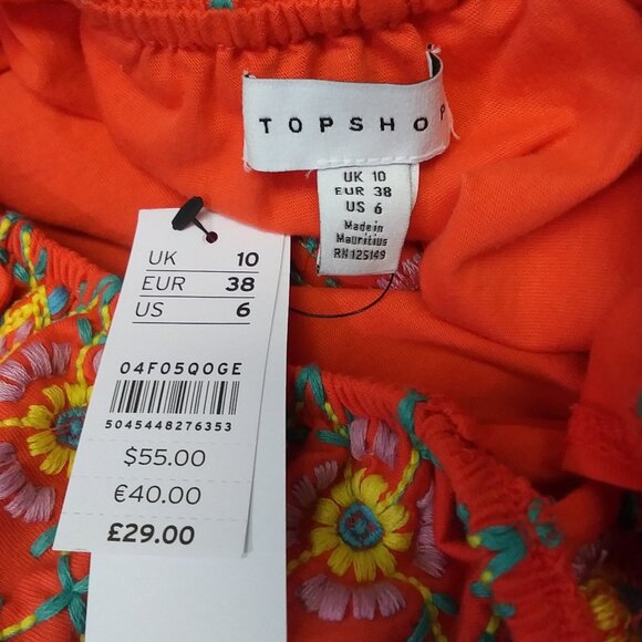 Topshop Cropped Peasant Top Fully Embroidered Orange Floral Womens 6 NEW - Picture 4 of 8